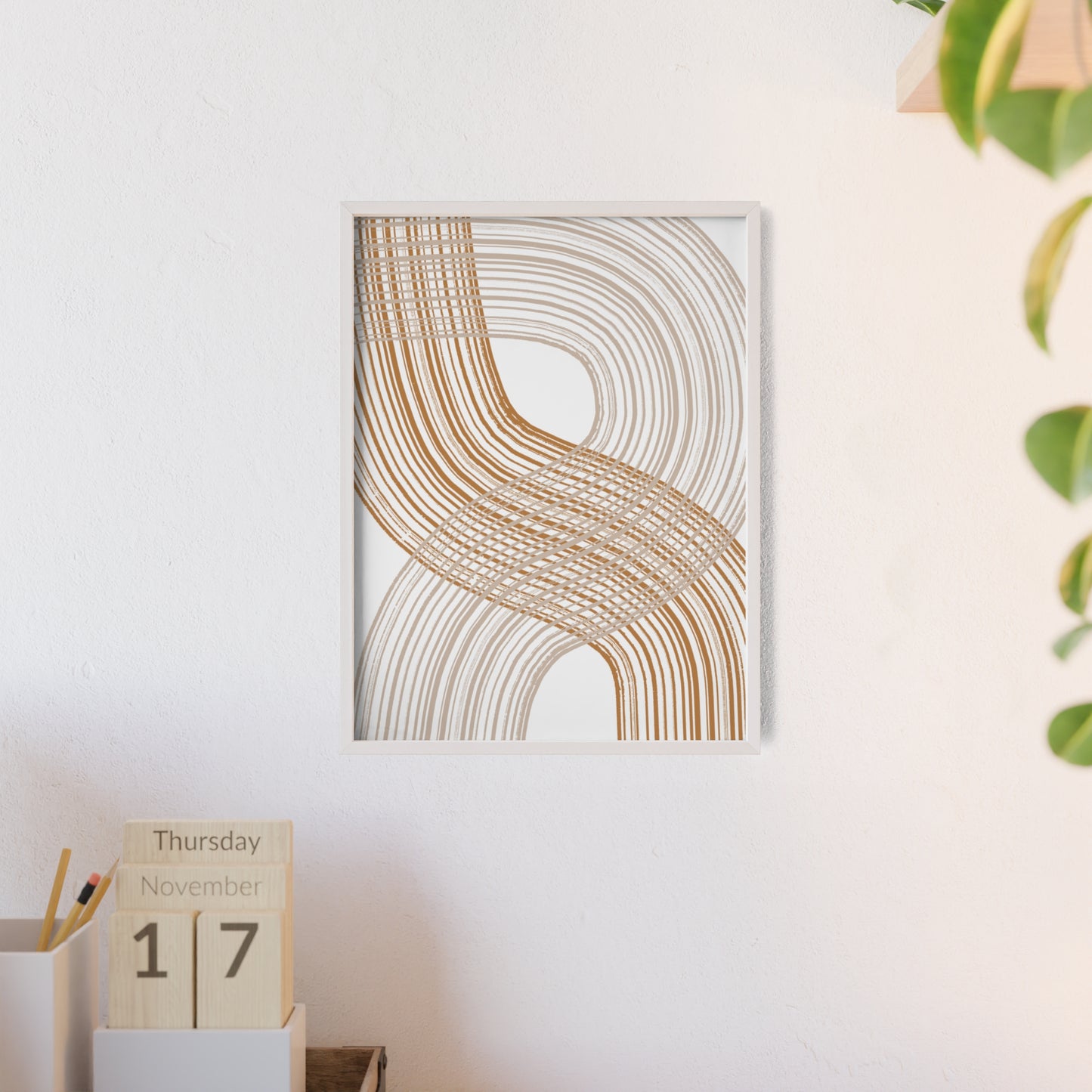 Poster with Wooden Frame - Circled Lined Beige/Creme Tones