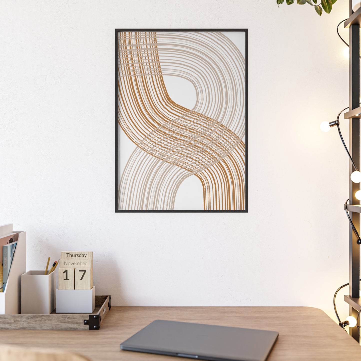 Poster with Wooden Frame - Circled Lined Beige/Creme Tones