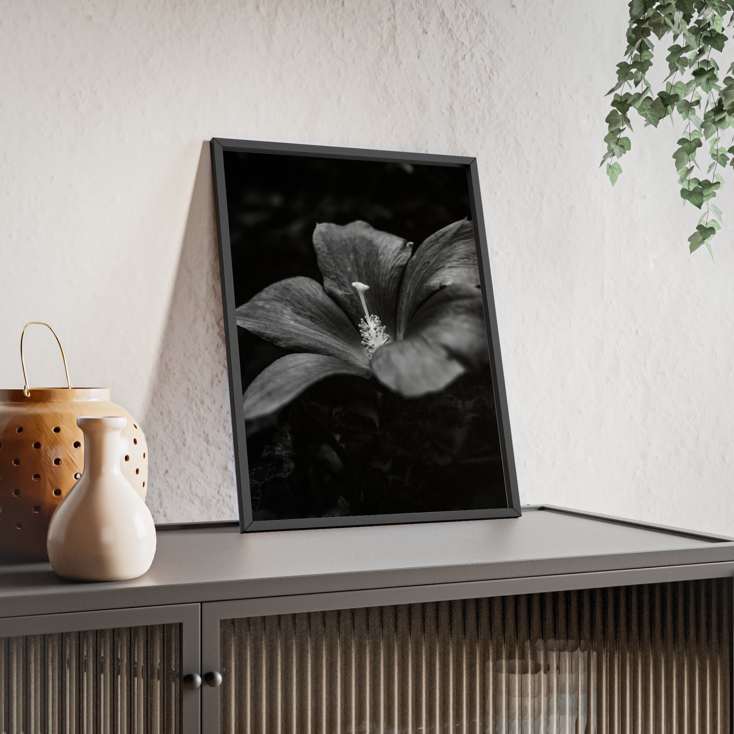 Flower Black & White Poster with Wooden Frame