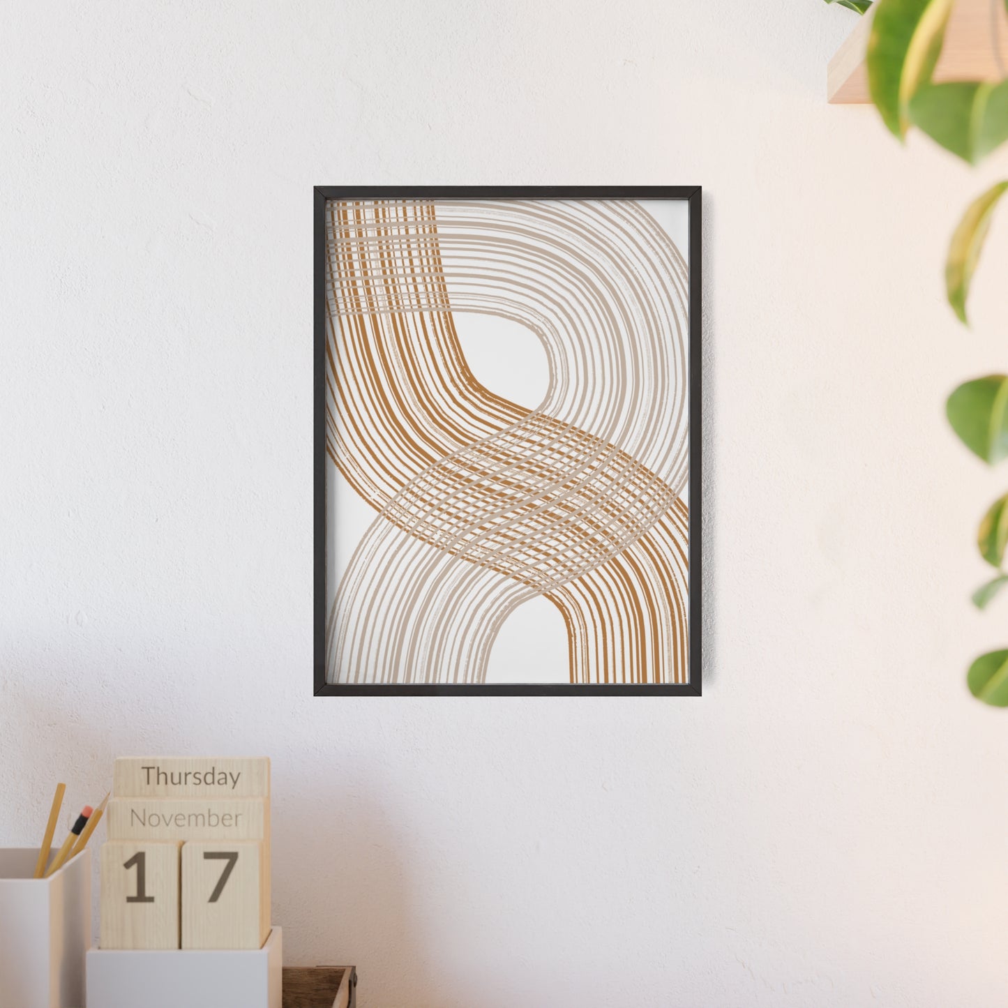 Poster with Wooden Frame - Circled Lined Beige/Creme Tones