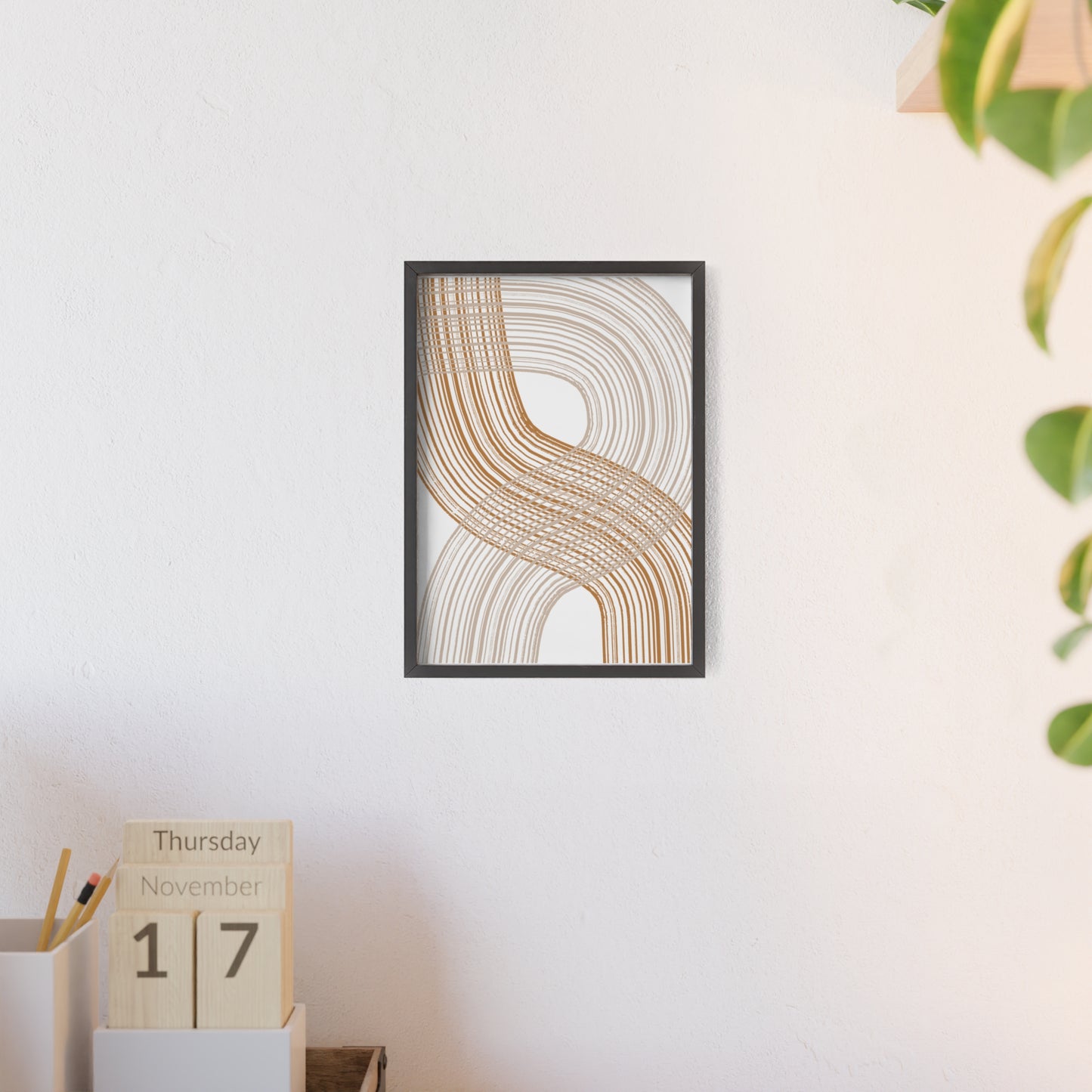 Poster with Wooden Frame - Circled Lined Beige/Creme Tones