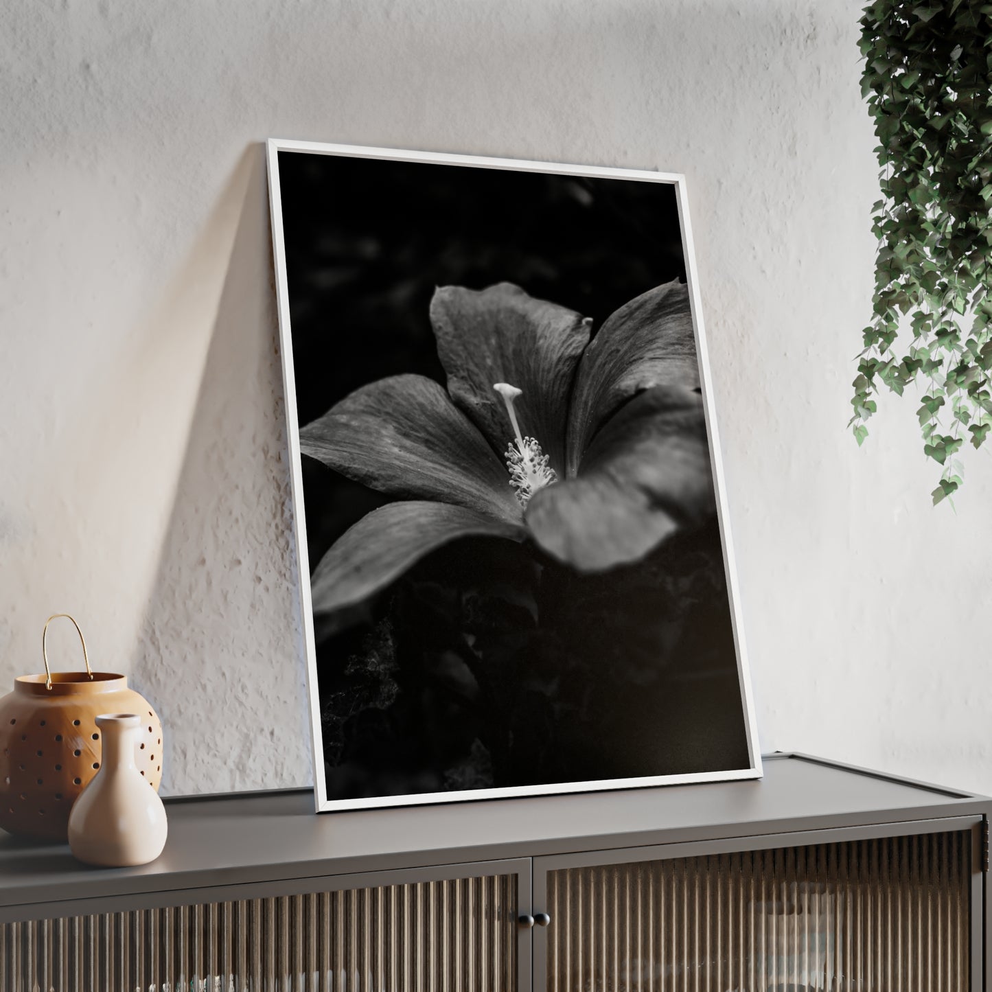 Flower Black & White Poster with Wooden Frame