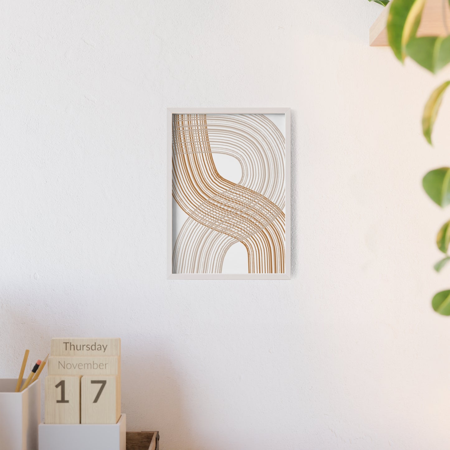 Poster with Wooden Frame - Circled Lined Beige/Creme Tones