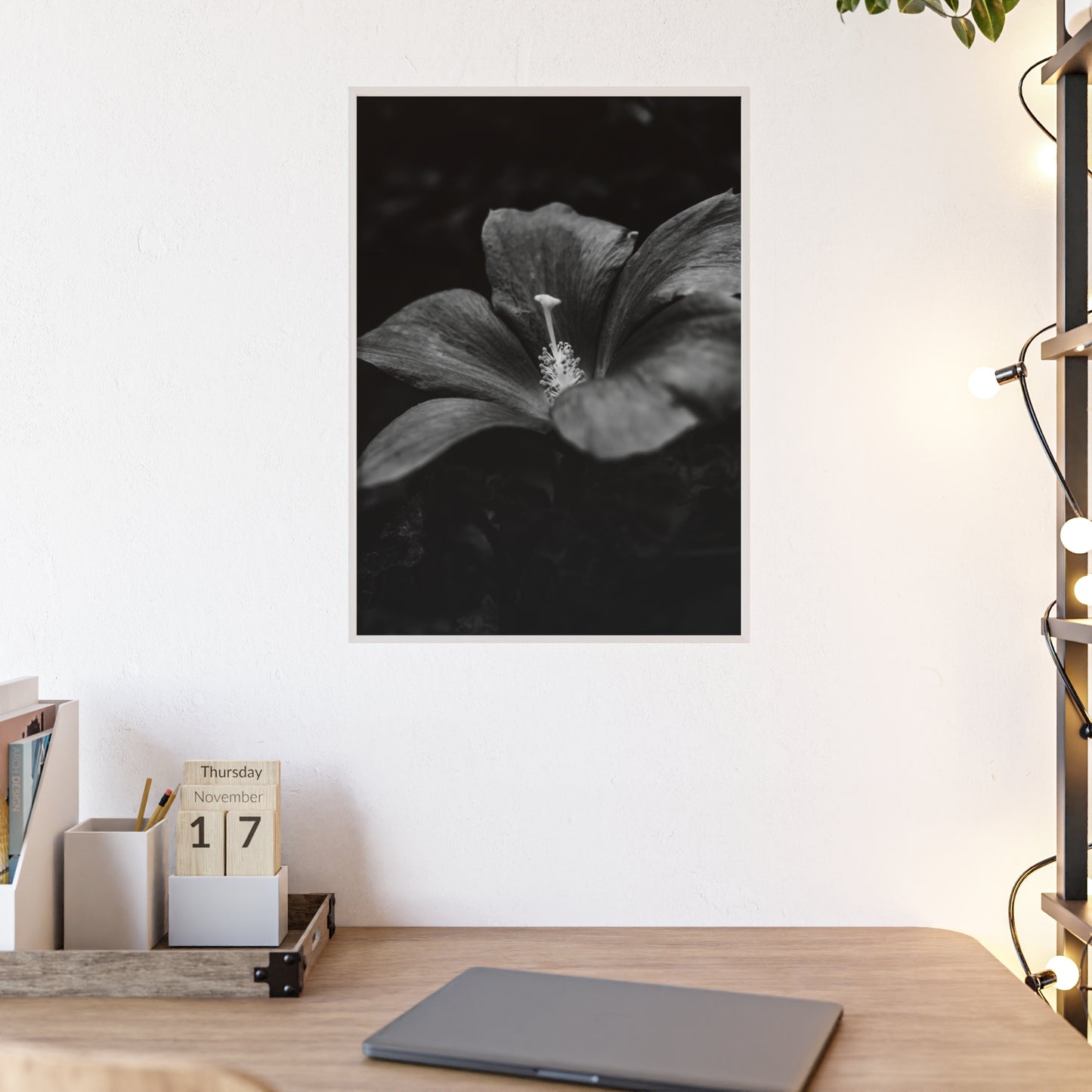 Flower Black & White Poster with Wooden Frame