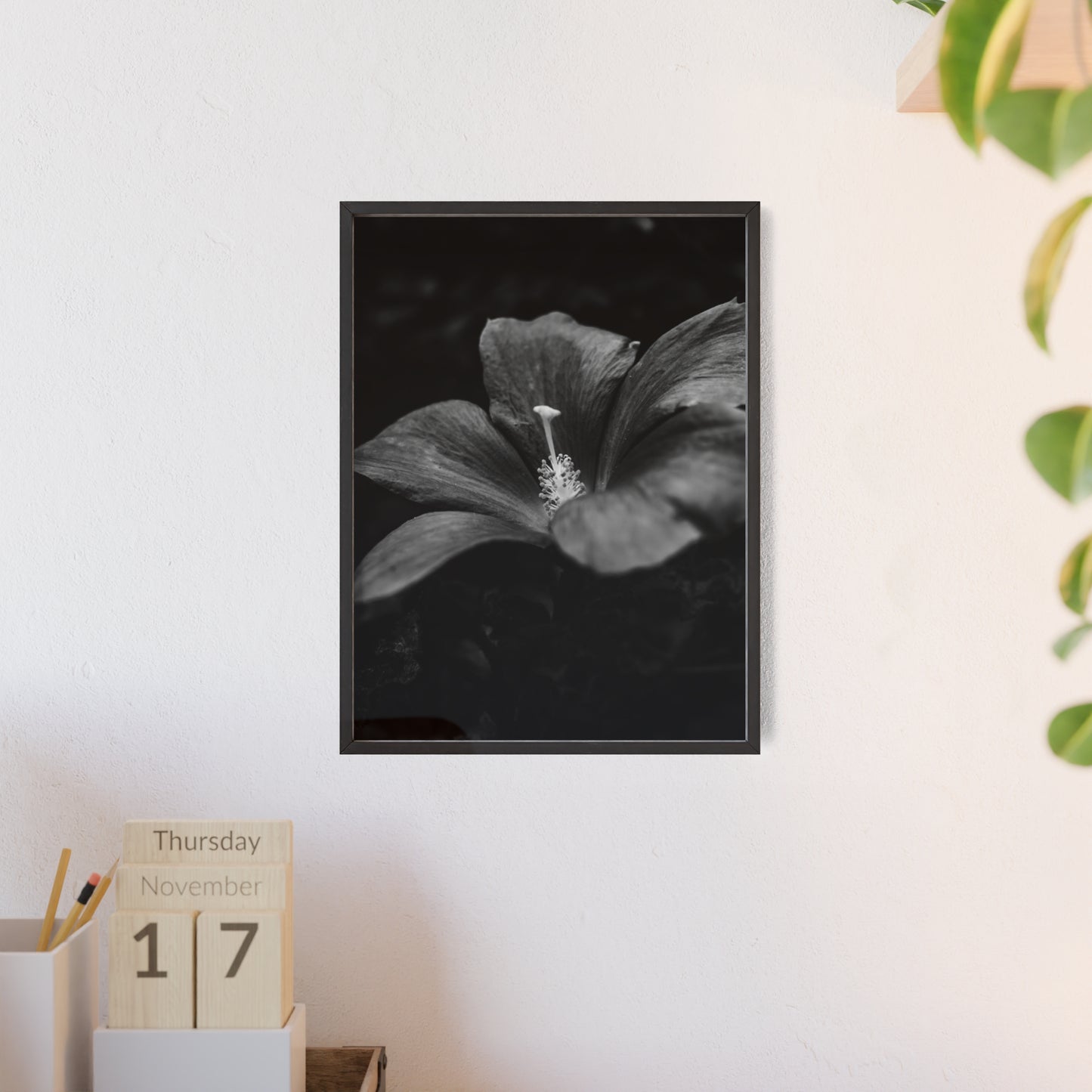 Flower Black & White Poster with Wooden Frame